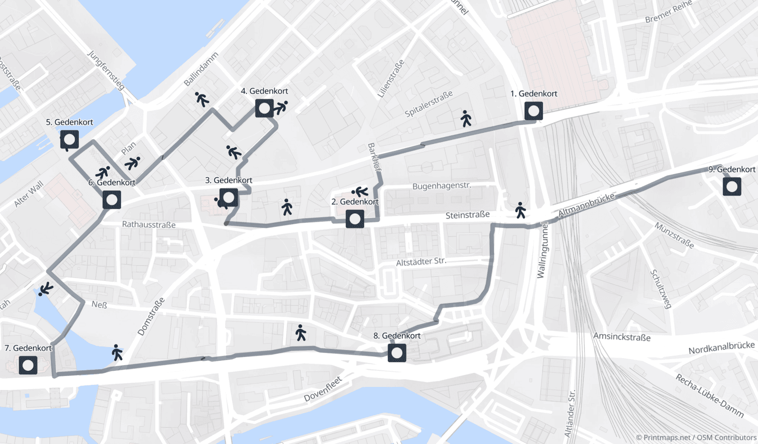 Karte zum Gedenkstätten-Spaziergang in der Innenstadt