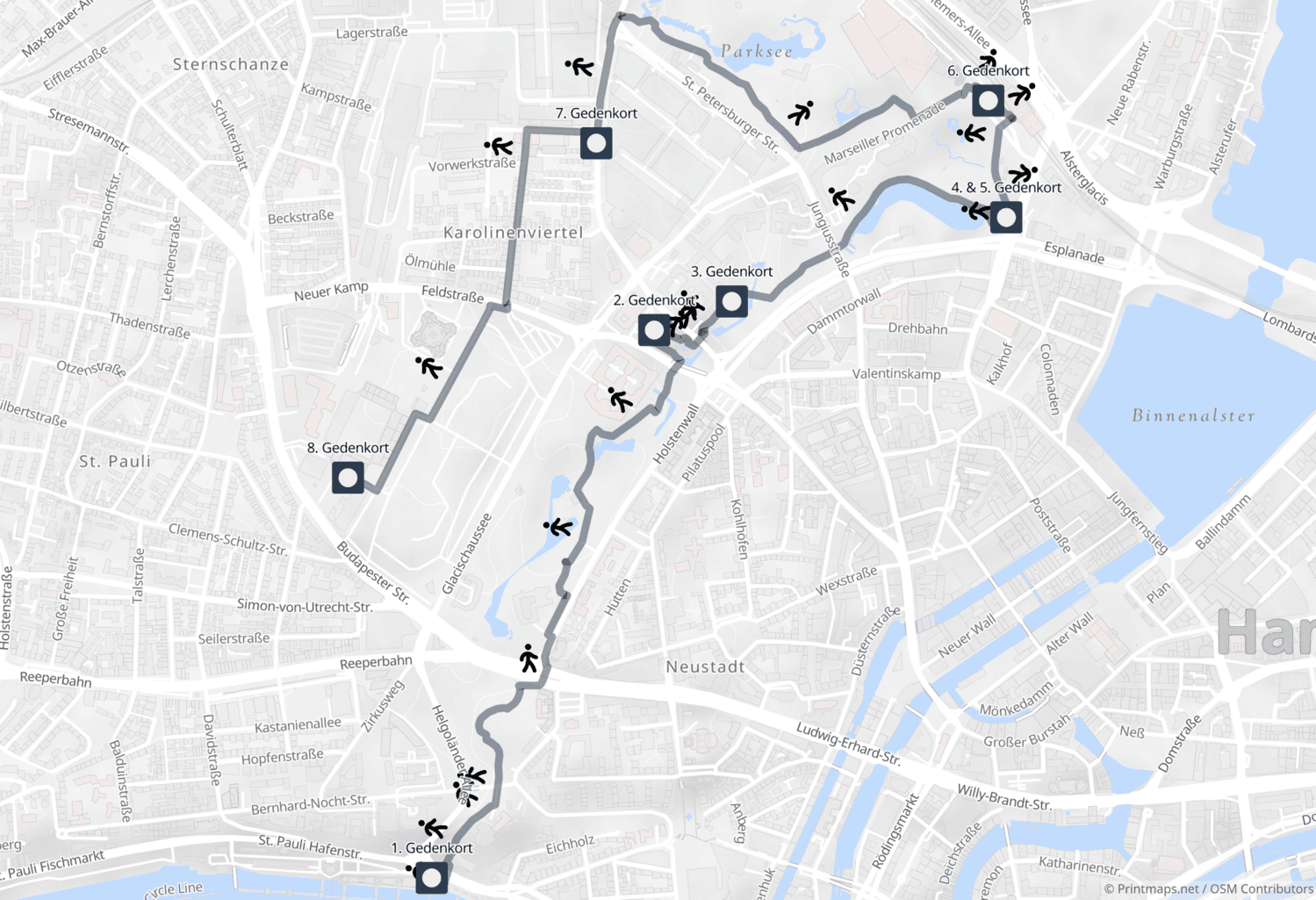 Karte zum Gedenkstätten-Spaziergang durch St. Pauli