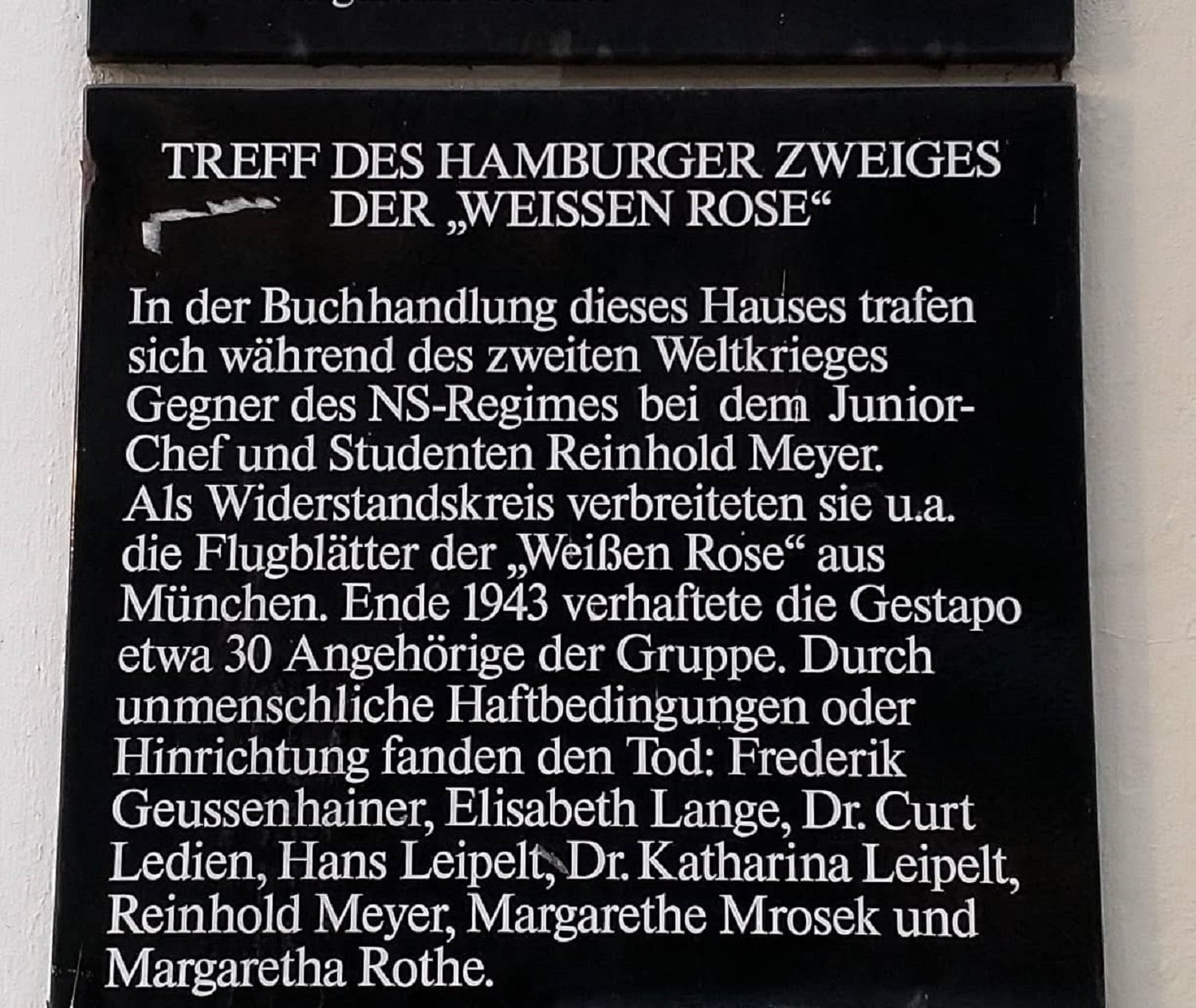 Treffpunkt weisse rose hamburg gedenktafel